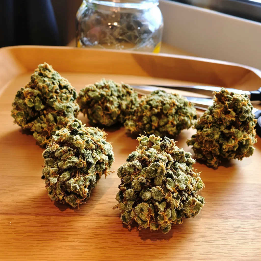 Purple Skunk 54% indica / 46% sativa flower with visible trichomes
