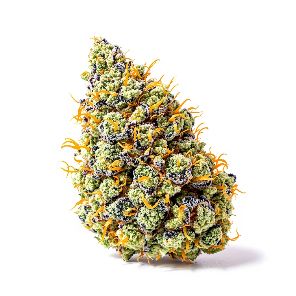 Purple Skunk 54% indica / 46% sativa flower with visible trichomes