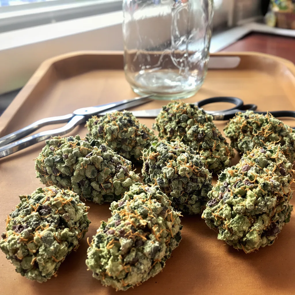 Purple Sour Diesel 30% indica / 60% sativa flower with visible trichomes