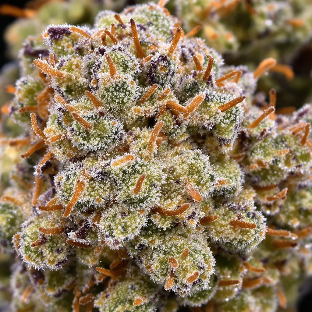 Purple Sour Diesel cannabis bud close-up showing open-bud structure with orange pistils