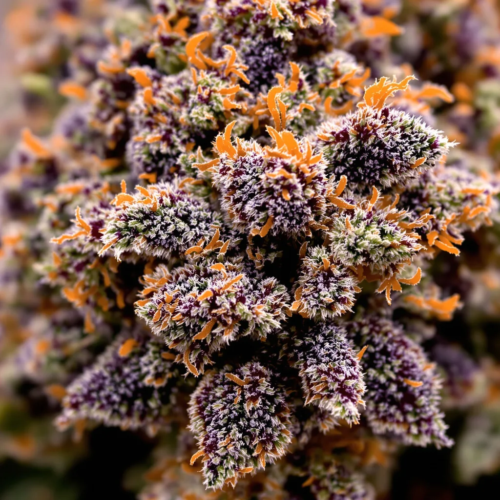 Purple Urkle cannabis bud close-up showing dense purple-tinged calyxes
