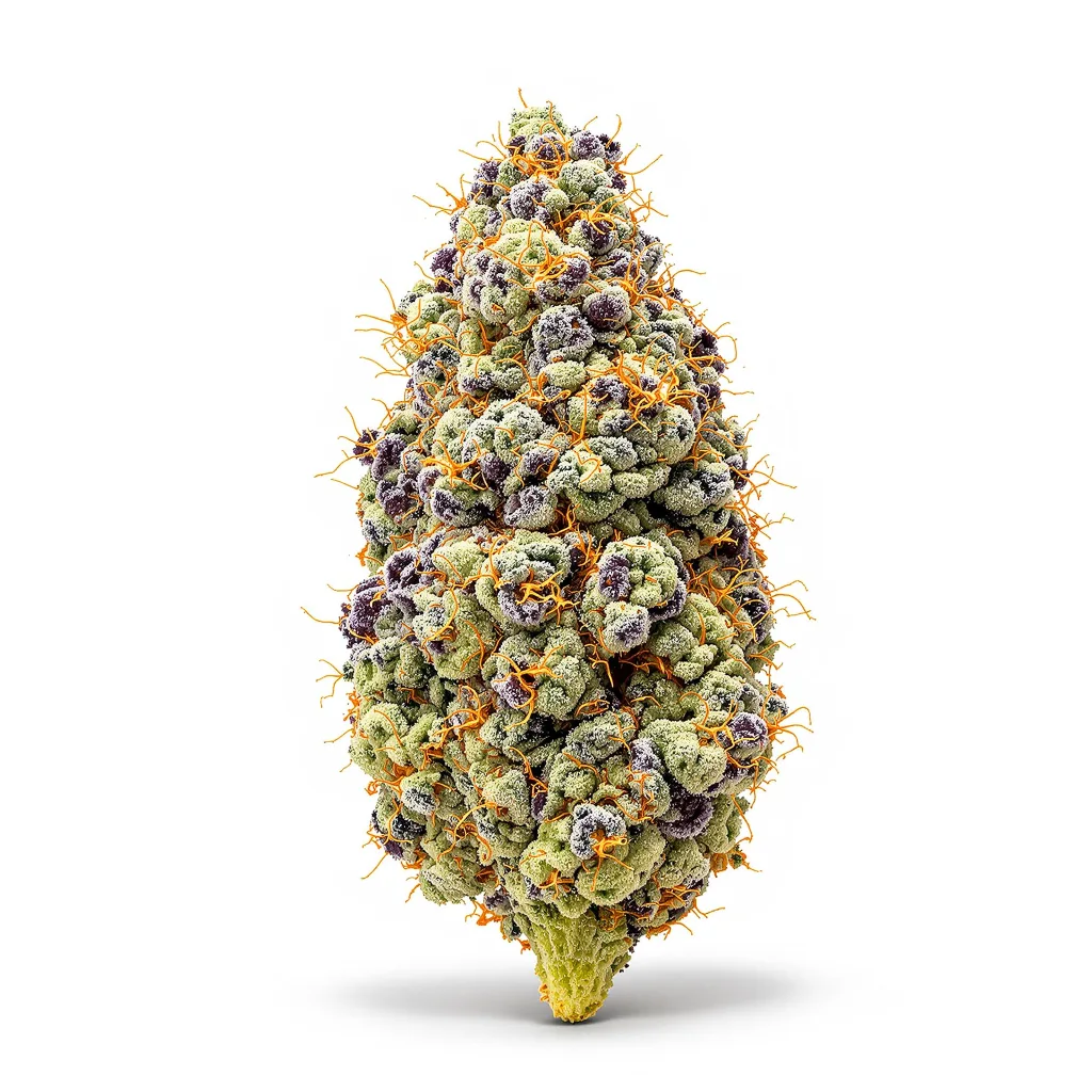 Purple Voodoo 54% indica / 46% sativa flower with visible trichomes