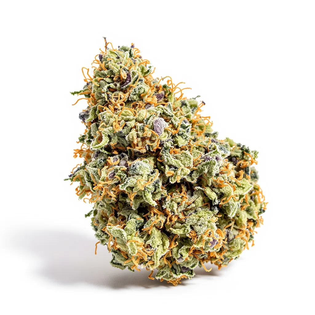Purple Voodoo 54% indica / 46% sativa flower with visible trichomes
