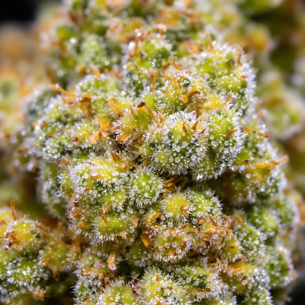 Purple Wreck cannabis bud close-up showing lime-green airy structure