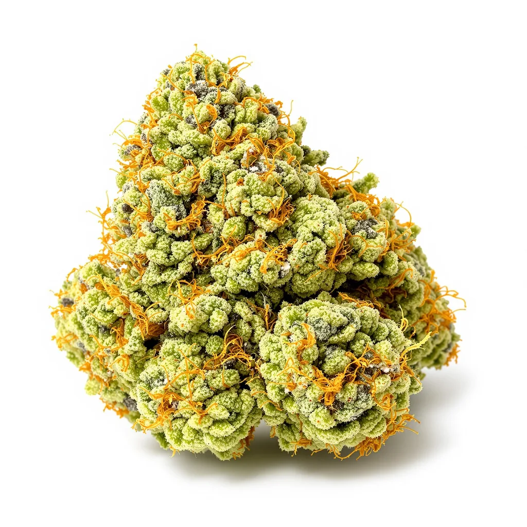 Purple Wreck 14% indica / 86% sativa flower with visible trichomes
