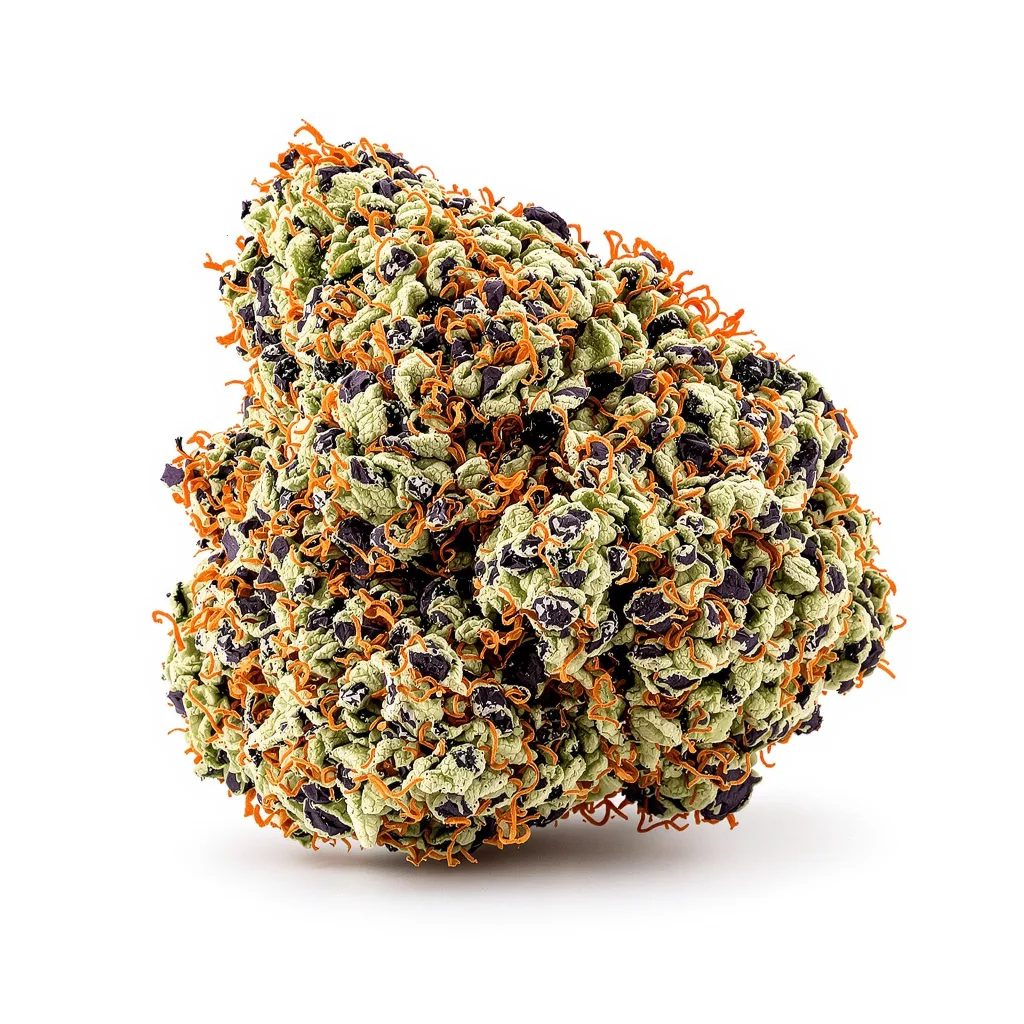 Quin-N-Tonic 77% indica / 23% sativa flower with visible trichomes