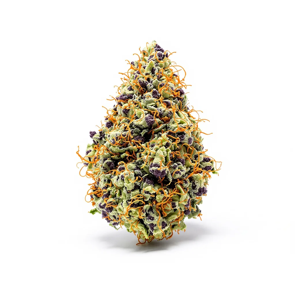 Raisinberry 87% indica / 13% sativa flower with visible trichomes
