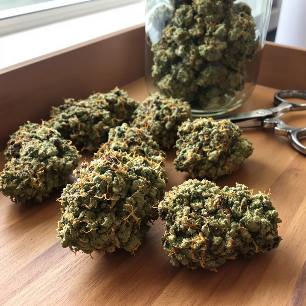 Raskal OG 40% indica / 60% sativa flower with visible trichomes