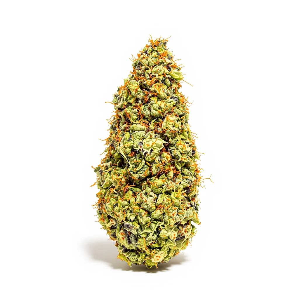 Raspberry Cough Kush 21% indica / 79% sativa flower with visible trichomes