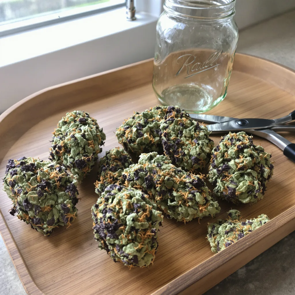 Reclining Buddha 75% indica / 25% sativa flower with visible trichomes