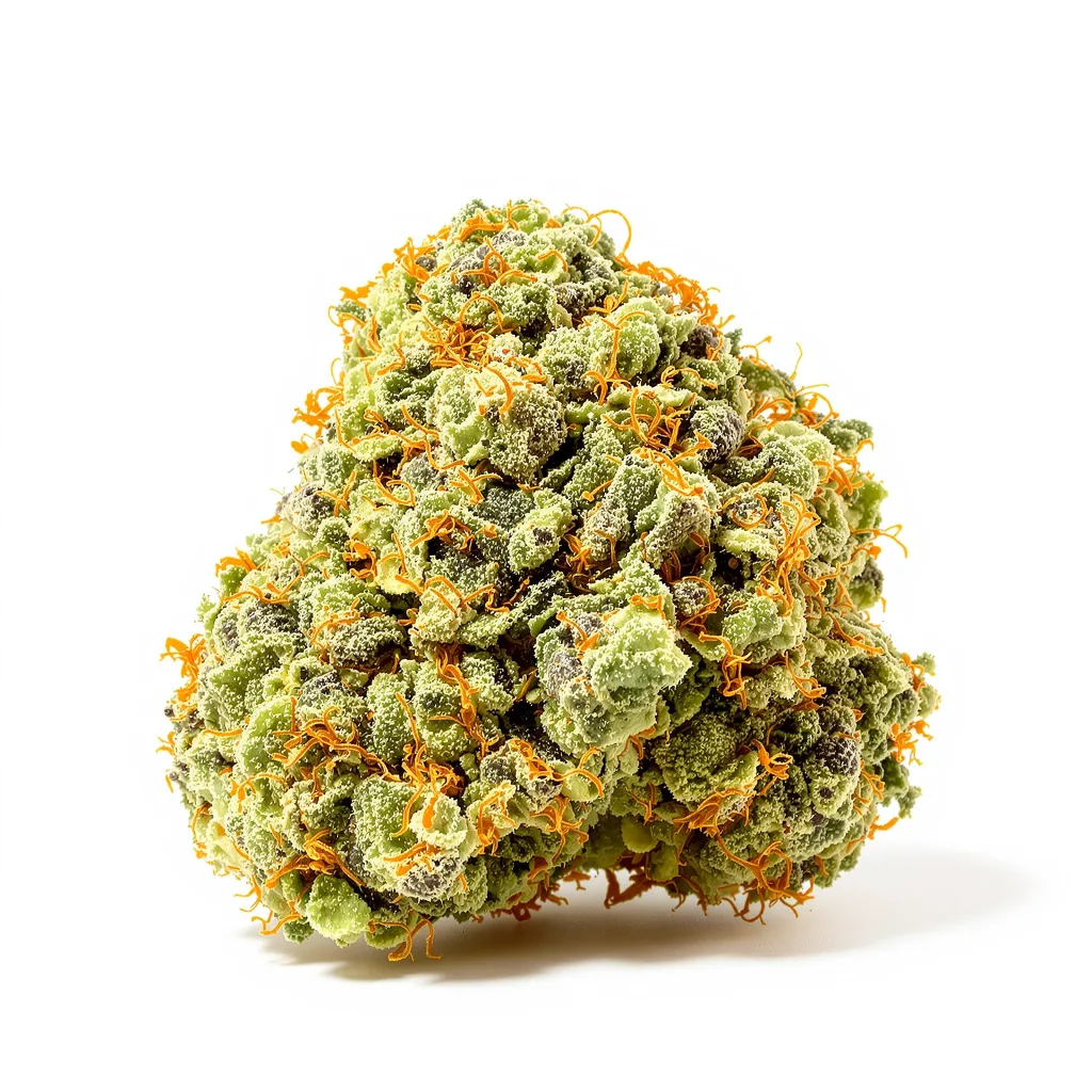 Red Headed Stranger 8% indica / 92% sativa flower with visible trichomes