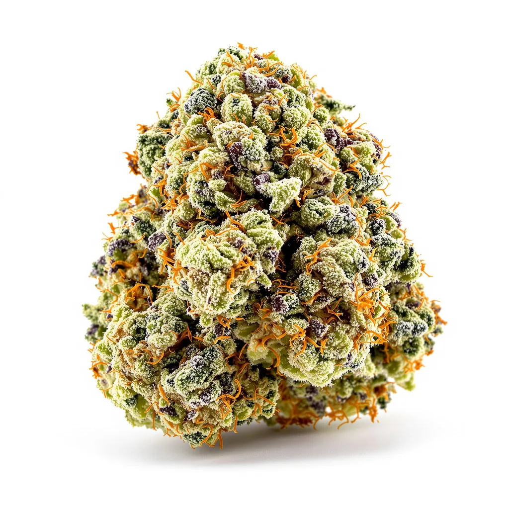 Red Widow 47% indica / 53% sativa flower with visible trichomes
