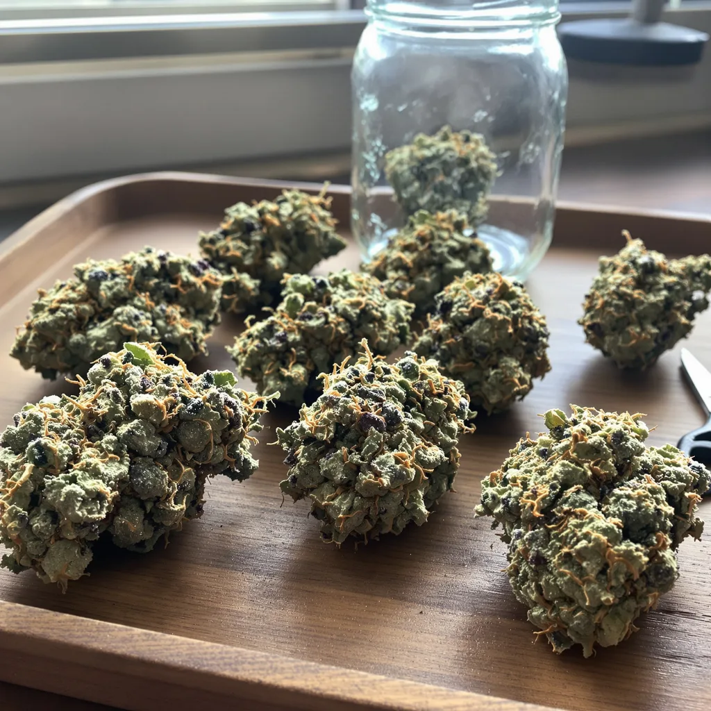 Redwood Kush 47% indica / 53% sativa flower with visible trichomes