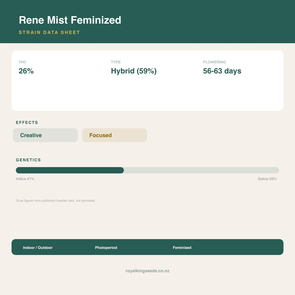 Rene Mist 41% indica / 59% sativa flower with visible trichomes