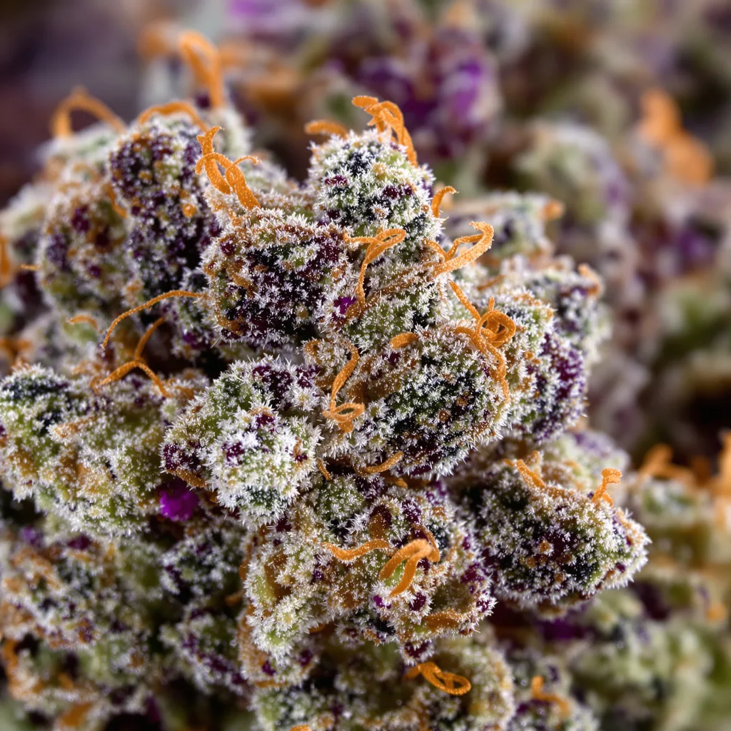 Rocky Mountain Blueberry cannabis bud close-up showing dense purple-tinged calyxes