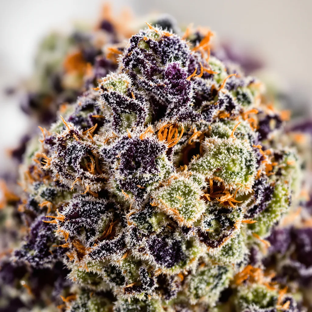 Rollex OG Kush cannabis bud close-up showing dense purple-tinged calyxes