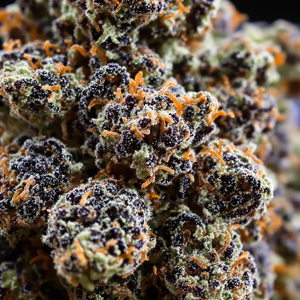 Romulan Haze cannabis bud close-up showing dense purple-tinged calyxes