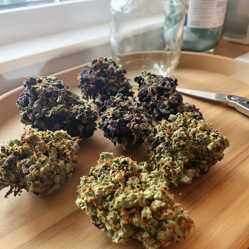 Rug Burn OG 68% indica / 32% sativa flower with visible trichomes
