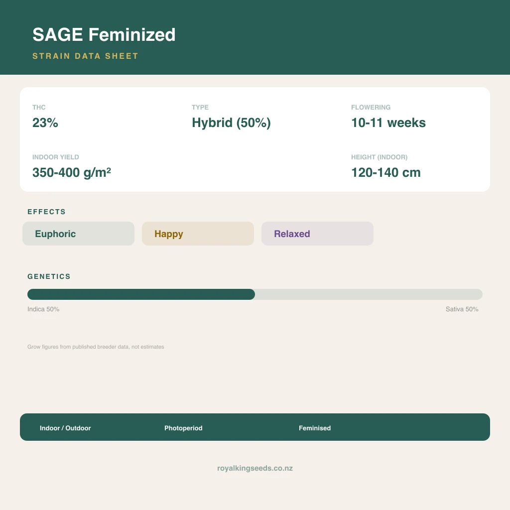 SAGE 50% indica / 50% sativa flower with visible trichomes