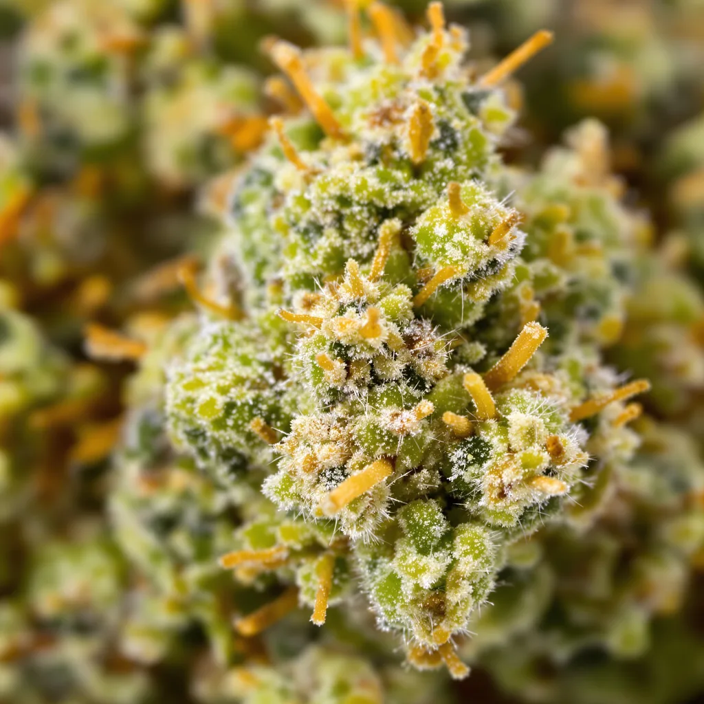 Sage N Sour cannabis bud close-up showing lime-green airy structure