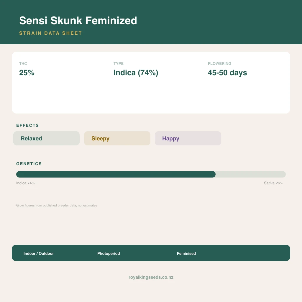 Sensi Skunk 74% indica / 26% sativa flower with visible trichomes