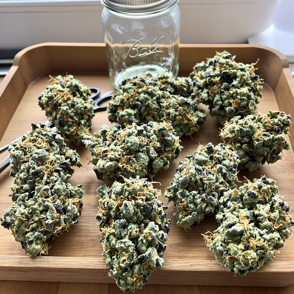 Serious Happiness 55% indica / 45% sativa flower with visible trichomes