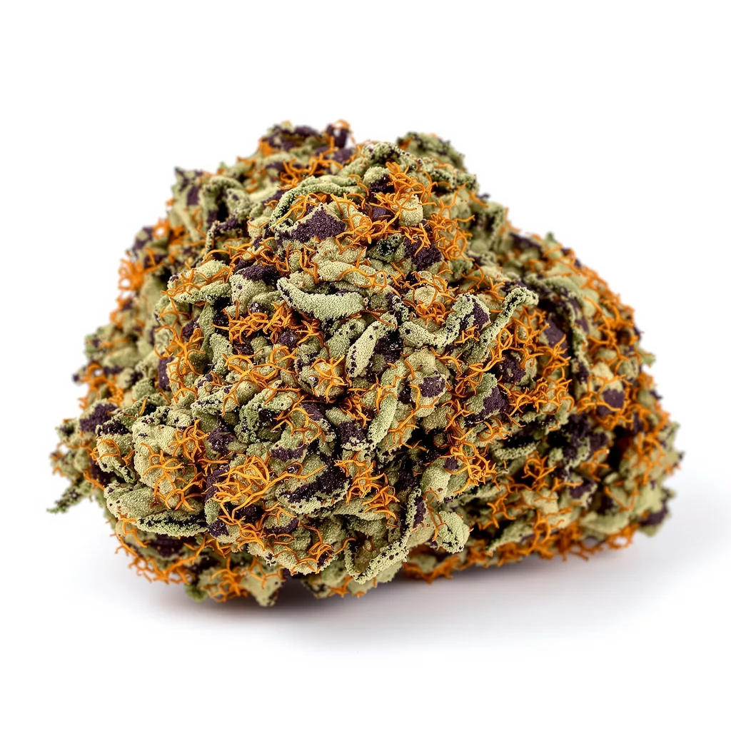 Sharksbreath 74% indica / 26% sativa flower with visible trichomes