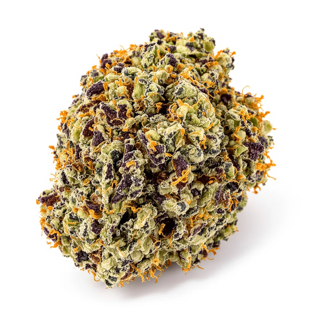 Shishkaberry 80% indica / 20% sativa flower with visible trichomes