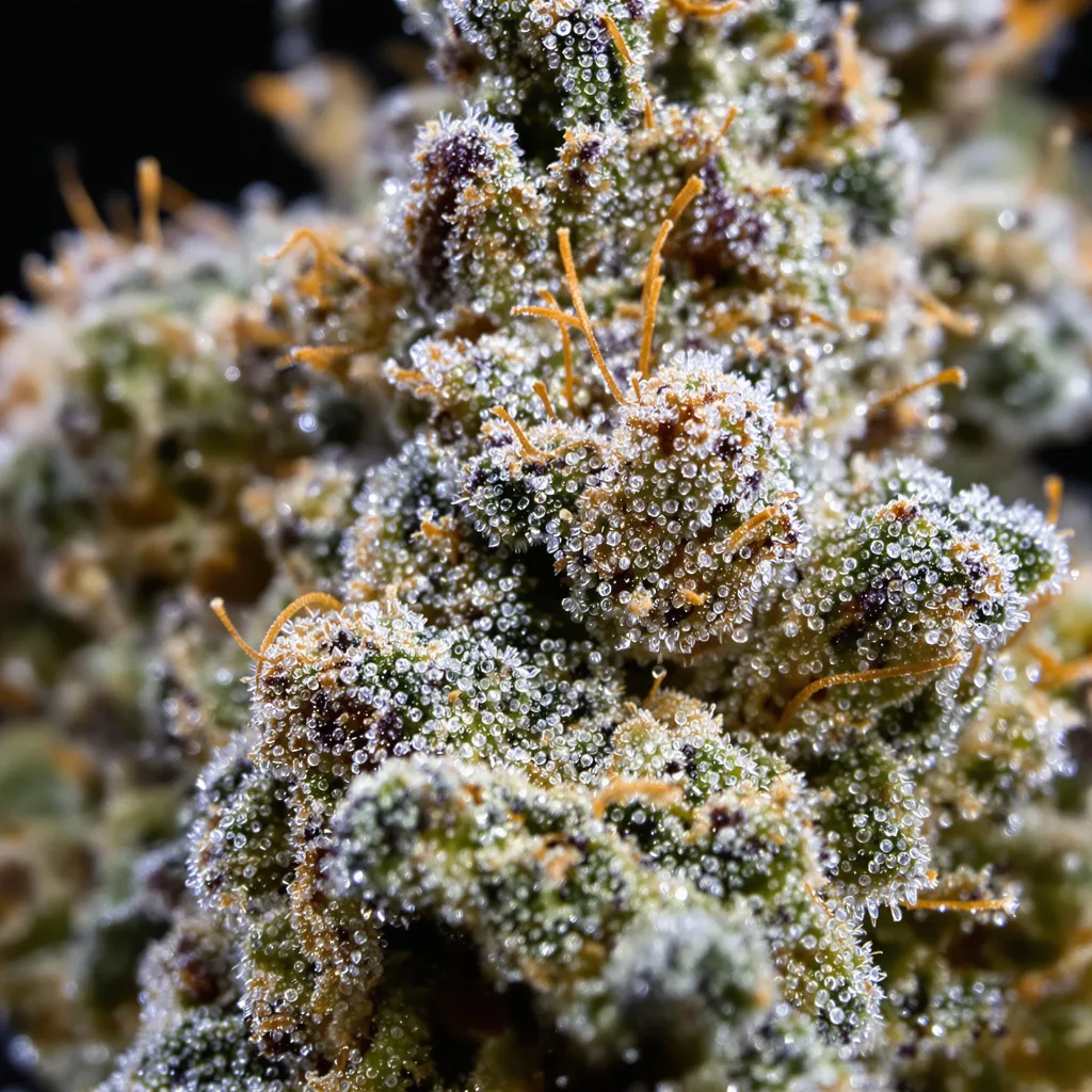 Six Shooter cannabis bud close-up showing balanced bud structure with frosted trichomes