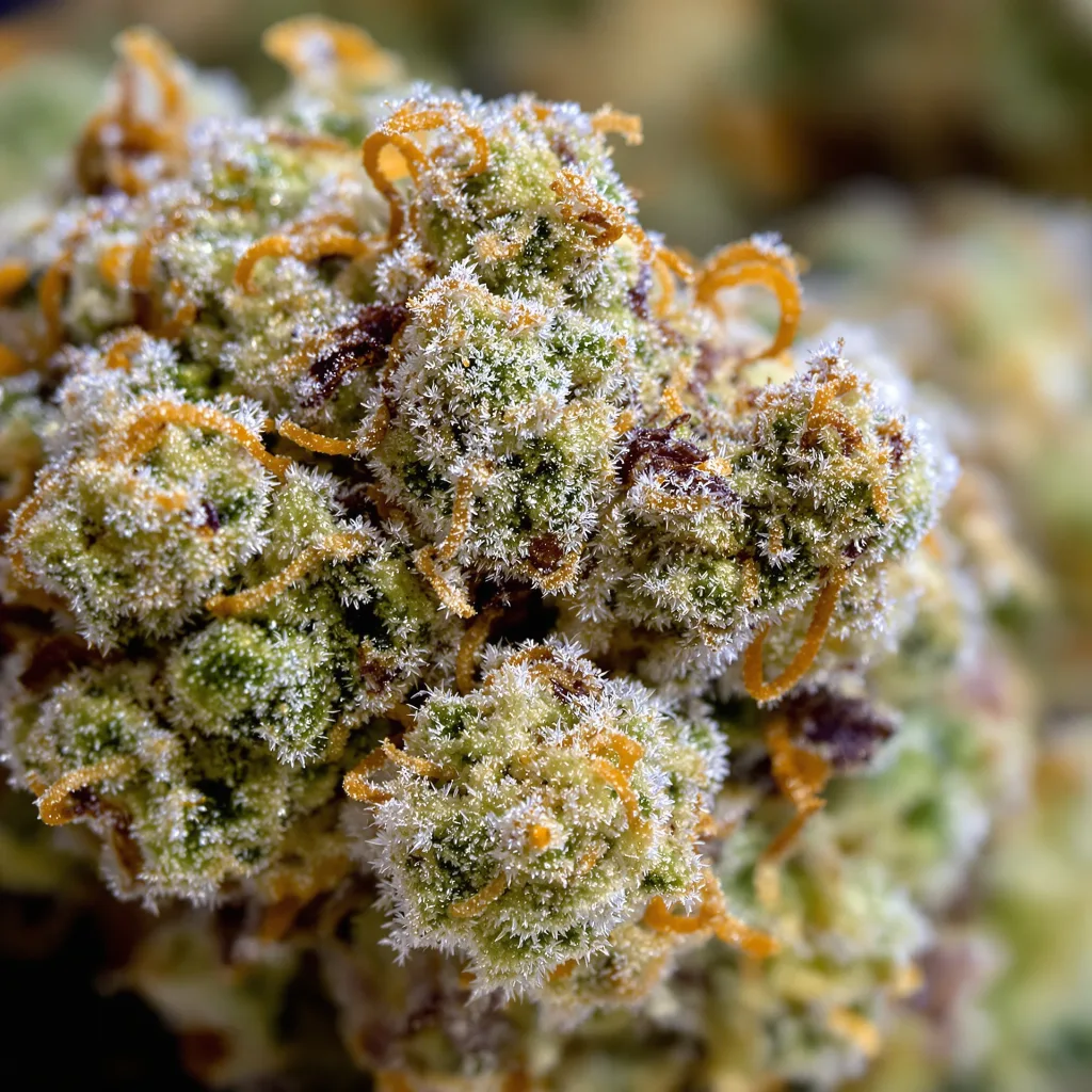 Snow Diesel cannabis bud close-up showing balanced bud structure with frosted trichomes