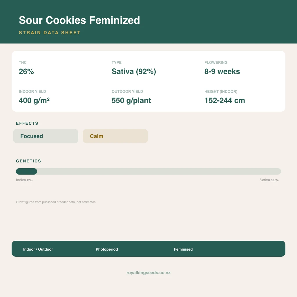 Sour Cookies 8% indica / 92% sativa flower with visible trichomes