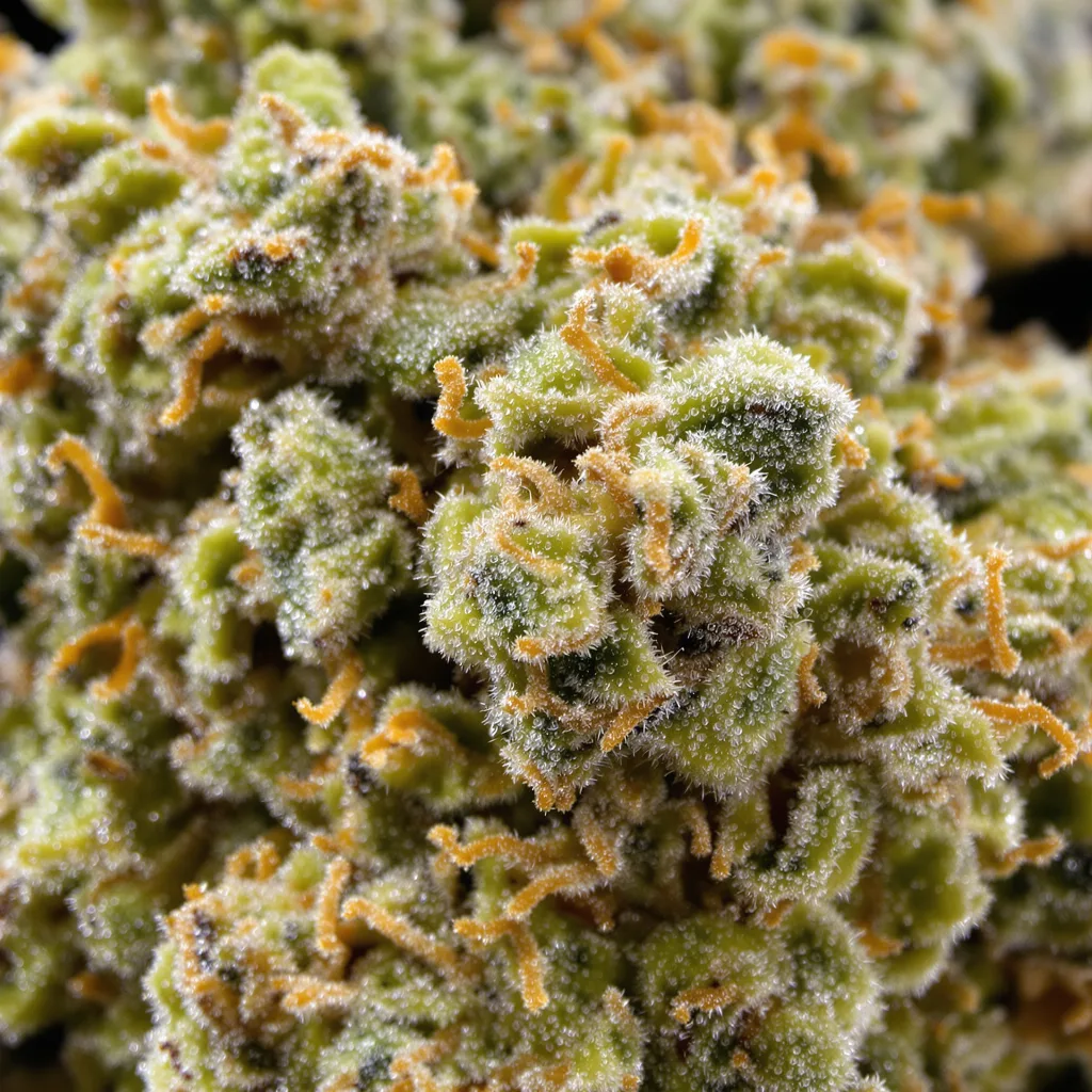 Sour Diesel cannabis bud close-up showing lime-green airy structure