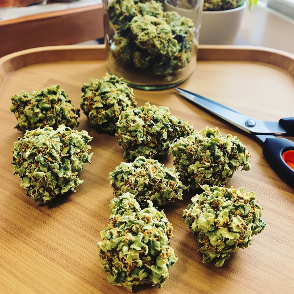 Sour Dream 12% indica / 88% sativa flower with visible trichomes