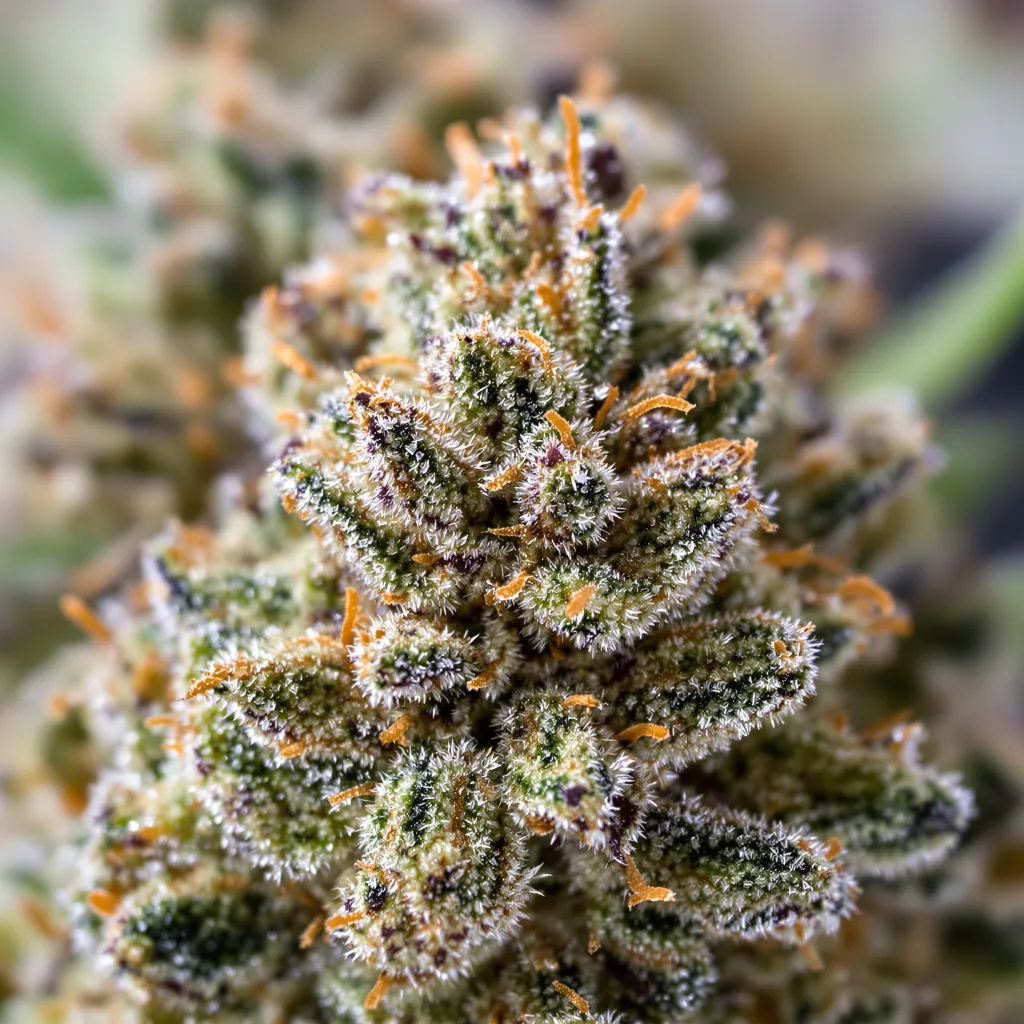 Sour Kush cannabis bud close-up showing balanced bud structure with frosted trichomes