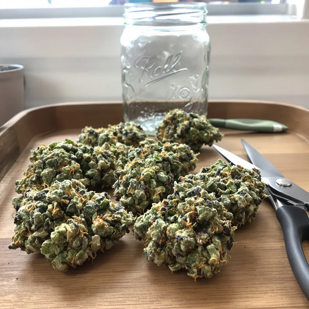 Sour Lemon OG 40% indica / 60% sativa flower with visible trichomes