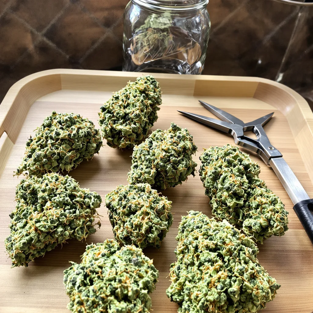 Sour Tangie 23% indica / 77% sativa flower with visible trichomes
