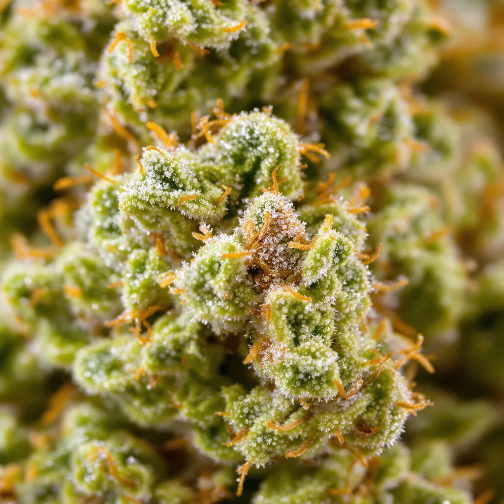 Sour Tangie cannabis bud close-up showing lime-green airy structure