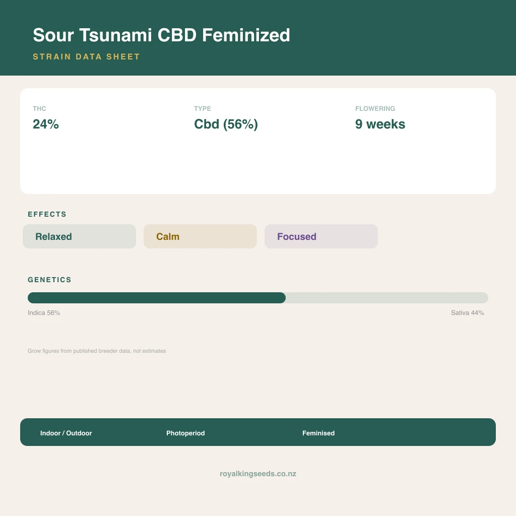 Sour Tsunami CBD 56% indica / 44% sativa flower with visible trichomes