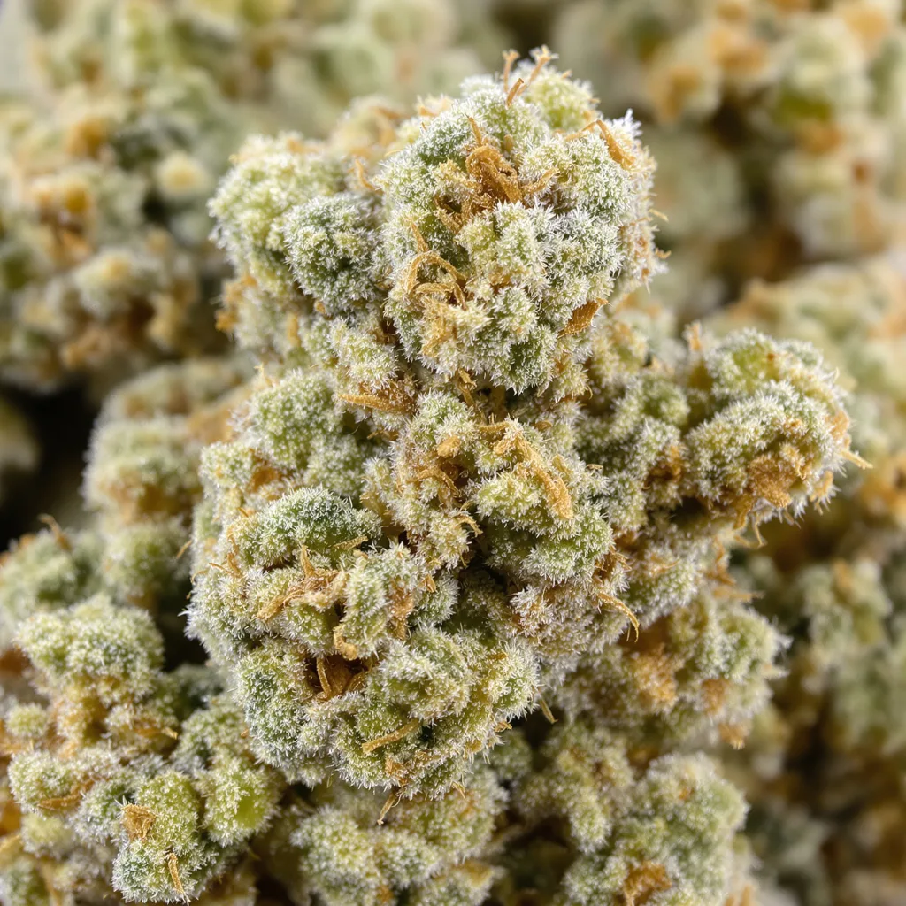 Sour Tsunami CBD cannabis bud close-up showing pale-green low-resin flower