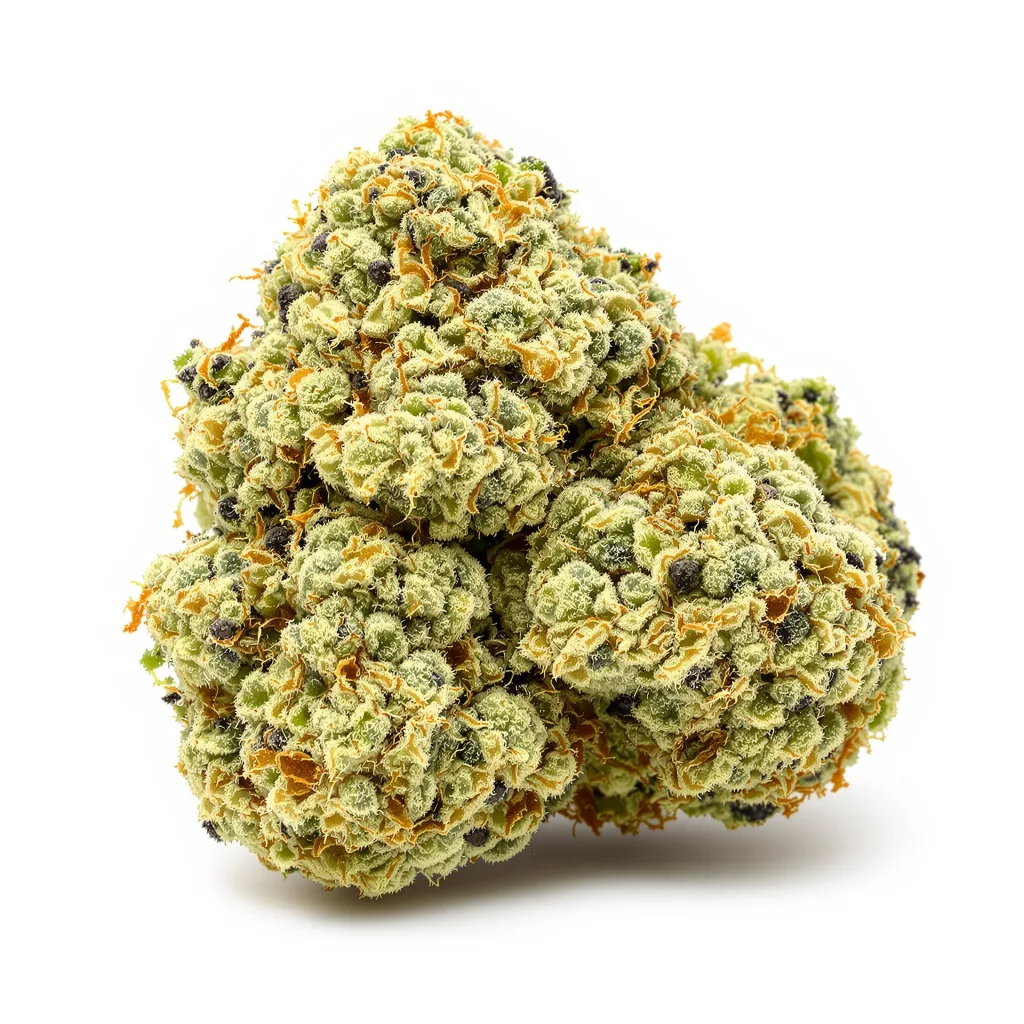 Sour Tsunami CBD 56% indica / 44% sativa flower with visible trichomes