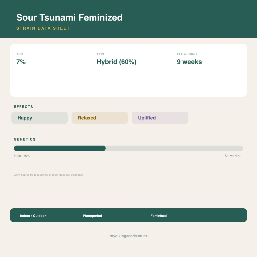 Sour Tsunami 40% indica / 60% sativa flower with visible trichomes