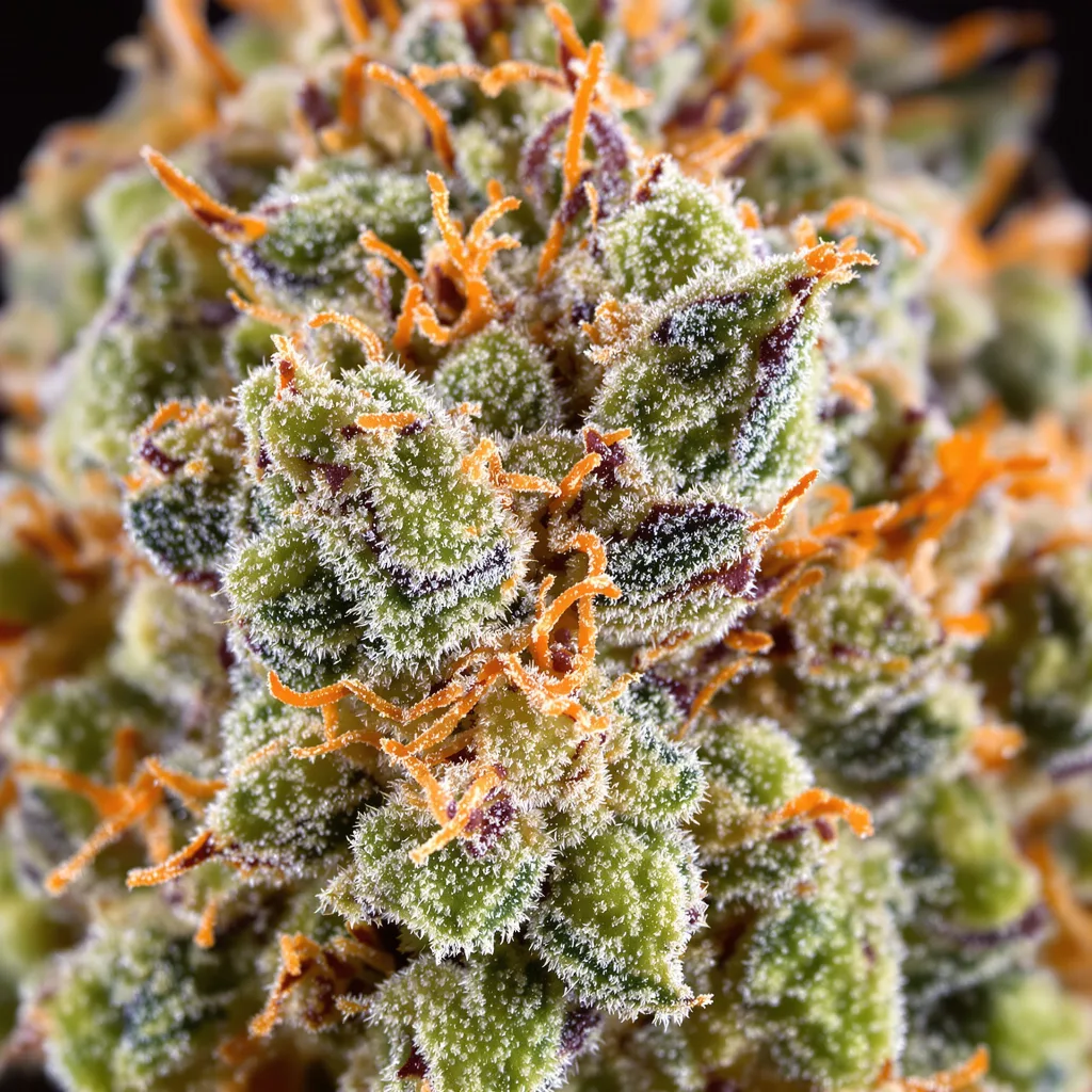 Sour Tsunami cannabis bud close-up showing open-bud structure with orange pistils