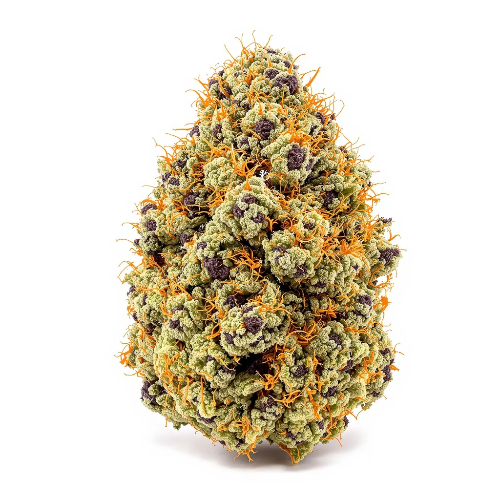 South Indian 73% indica / 27% sativa flower with visible trichomes