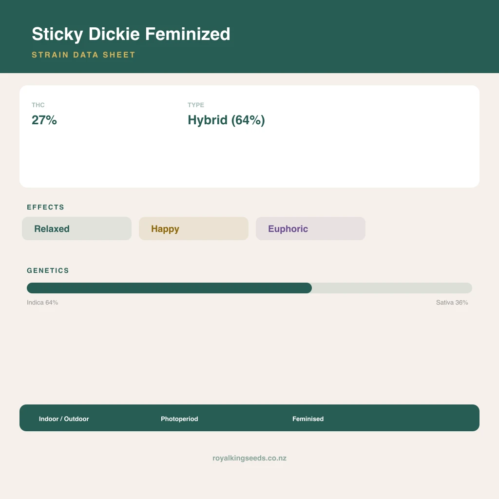 Sticky Dickie 64% indica / 36% sativa flower with visible trichomes