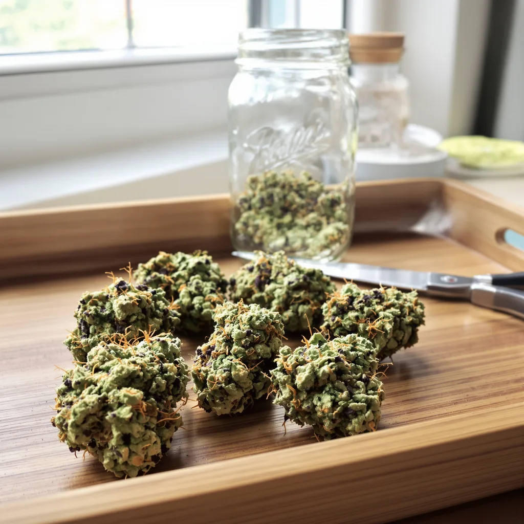 Strawberry Cheese 56% indica / 44% sativa flower with visible trichomes