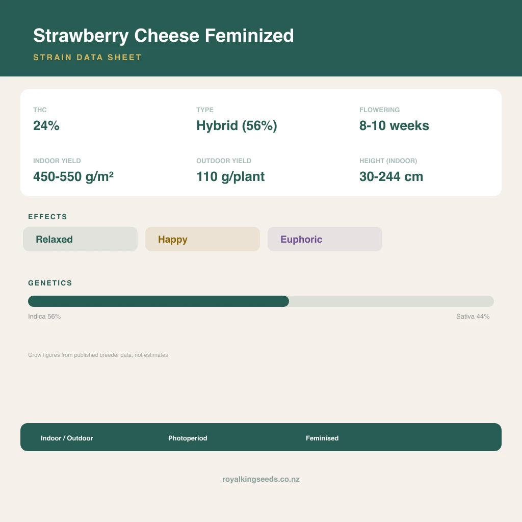 Strawberry Cheese 56% indica / 44% sativa flower with visible trichomes