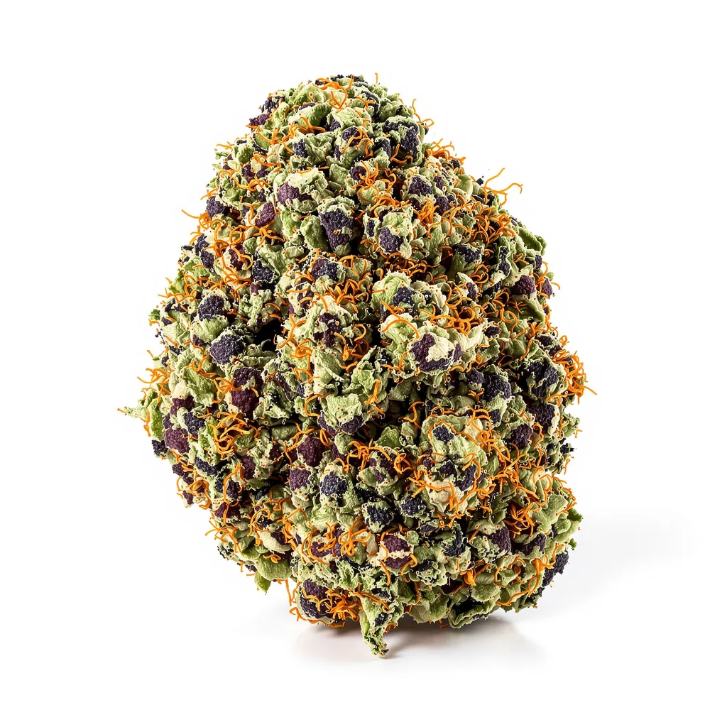 Strawberry Cheesecake 70% indica / 30% sativa flower with visible trichomes