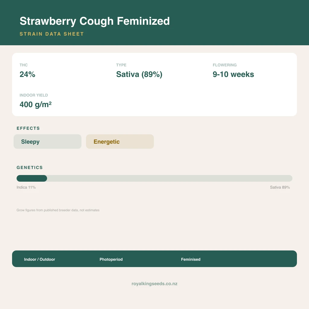 Strawberry Cough 11% indica / 89% sativa flower with visible trichomes