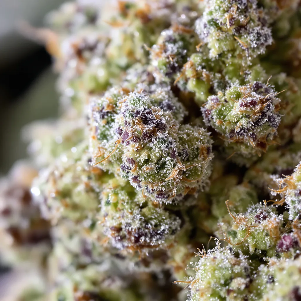 Strawberry Diesel cannabis bud close-up showing balanced bud structure with frosted trichomes