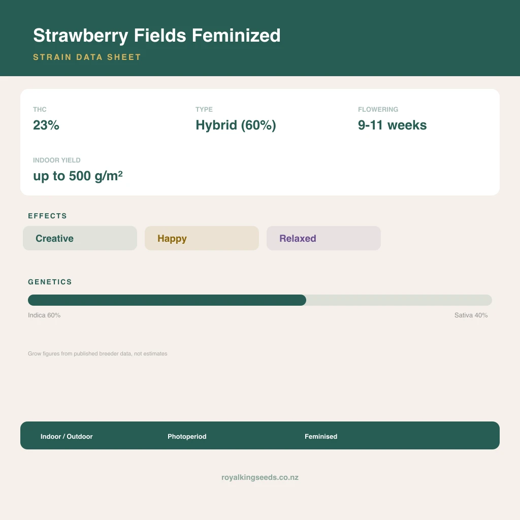 Strawberry Fields 60% indica / 40% sativa flower with visible trichomes